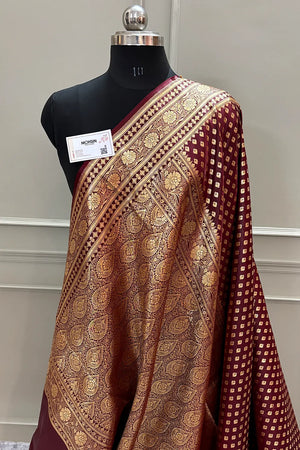 Wine Golden Paan Katan Silk Banarasi Saree