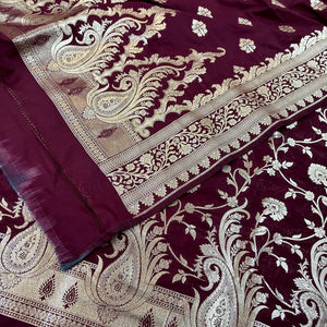 Wine Golden Zari Katan Silk Banarasi Suit