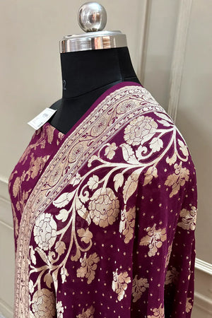 Wine Golden Zari Pure Georgette Silk Banarasi Suit