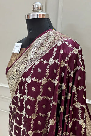 Wine Qaidi Buti Katan Silk Banarasi Saree