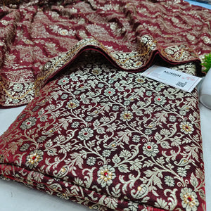 Wine Stone Work Kimkhab Silk Banarasi Gharara