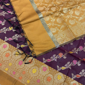 Wine and Mustard Rang Mahal Satin Silk Banarasi Suit