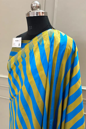 Yellow and Blue Stripe Plain Satin Silk Banarasi Saree
