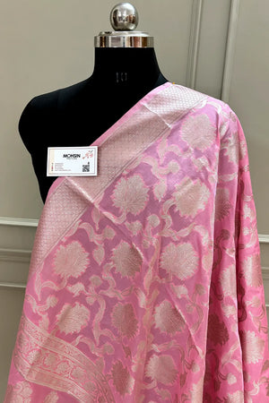 Baby Pink Golden Zari Katan Silk Banarasi Dupatta