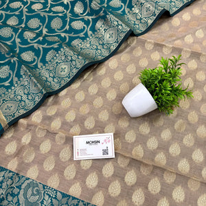 Beige and Teal Gulkan Buti Satin Silk Banarasi Suit