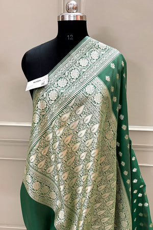 Bottle Green Golden Zari Crepe Silk Banarasi Saree