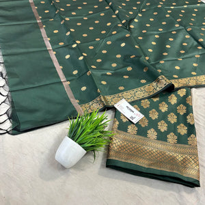 Bottle Green Tri Phool Satin Silk Banarasi Suit