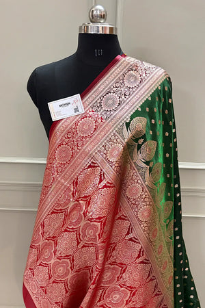 Bottle Green and Red Makkhi Buti Katan Silk Banarasi Saree