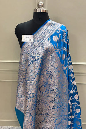 Firozi Laabela Jaal Katan Silk Banarasi Saree