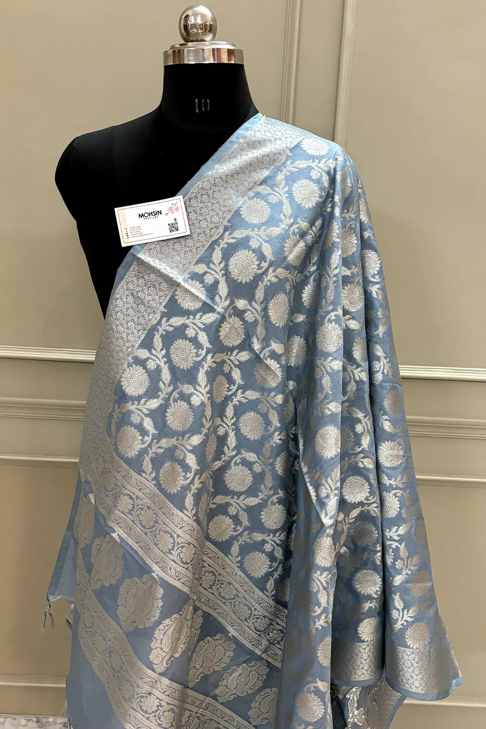 Grey Golden Zari Katan Silk Banarasi Dupatta