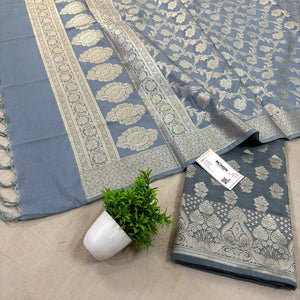 Grey Golden Zari Katan Silk Banarasi Suit