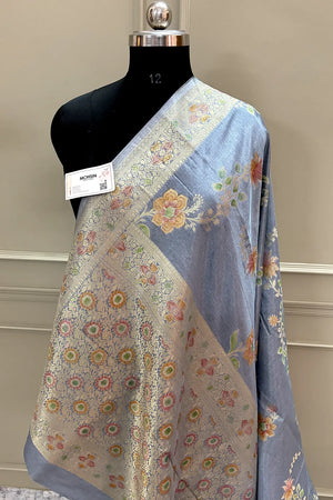 Grey Shakahari Jaal Georgette Silk Banarasi Saree