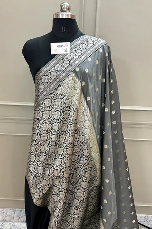 Grey and Black Ghonga Buti Katan Silk Banarasi Saree