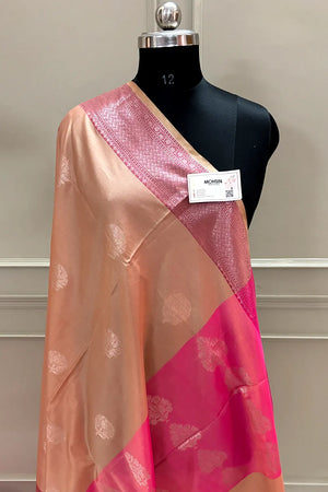 Light Peach and Pink Golden Zari Banarasi Silk Saree