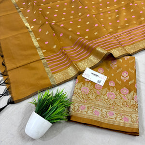 Mustard Golden Zari Satin Silk Banarasi Suit