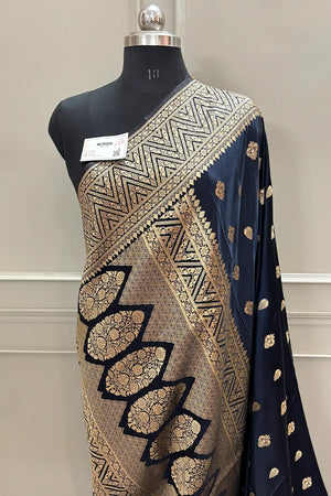 Navy Blue Chagan Patti Katan Silk Banarasi Saree