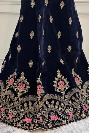 Navy Blue and Pink Zariwork Semi Stitched Velvet Lahenga