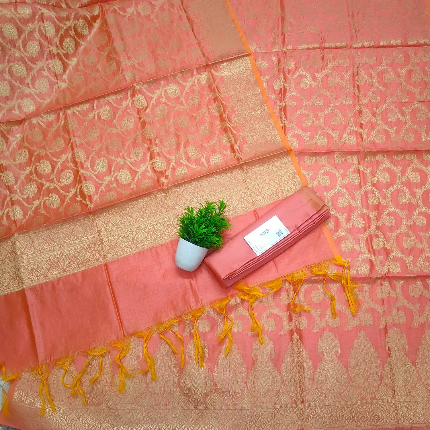 Peach Golden Zari Banarasi Silk Suit