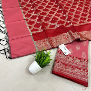 Peach and Red Phooldaan Buti Satin Silk Banarasi Suit