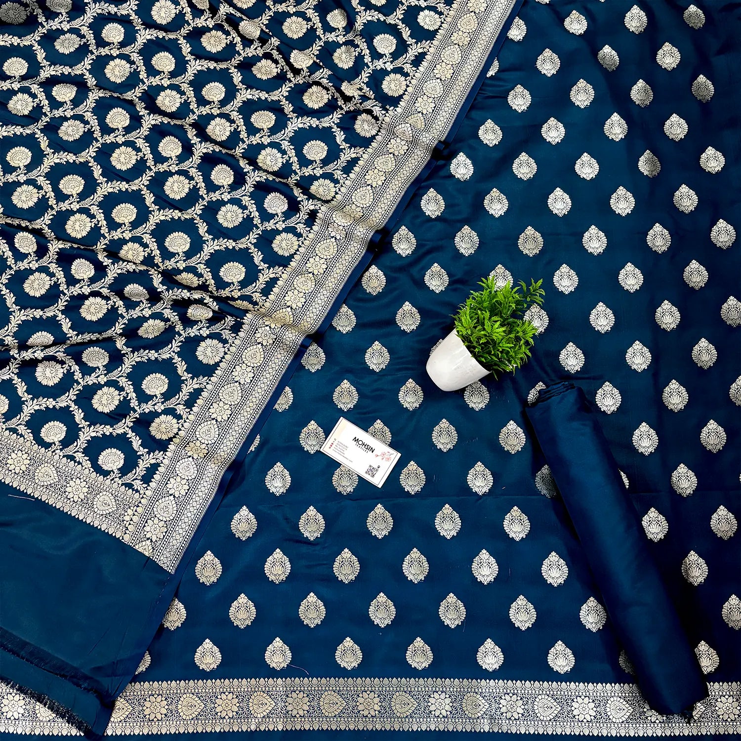 Peacock Blue Golden Zari Katan Silk Banarasi Suit