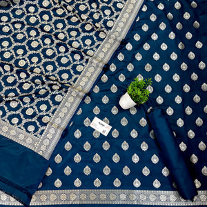 Peacock Blue Golden Zari Katan Silk Banarasi Suit