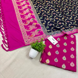 Pink and Navy Blue Golden Zari Katan Silk Banarasi Suit