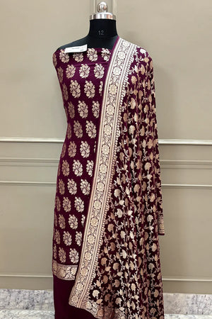 Purple Pure Georgette Silk Banarasi Suit