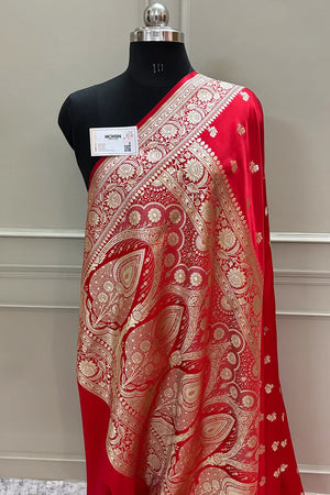 Red Chaman Buti Katan Silk Banarasi Saree