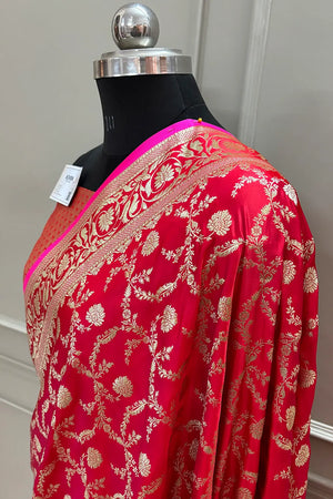 Red Chandramukhi Jaal Katan Silk Banarasi Saree