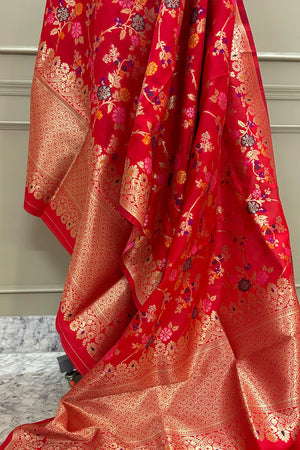 Red Golden Zari Katan Silk Banarasi Dupatta