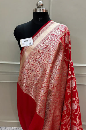 Red Persian Jaal Katan Silk Banarasi Saree