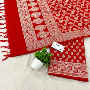 Red Tedhi Patti Katan Silk Banarasi Suit