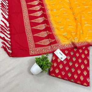 Red and Yellow Golden Zari Katan Silk Banarasi Suit