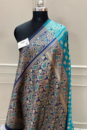 Sea Green and Navy Blue Resham Zari Silky Banarasi Saree