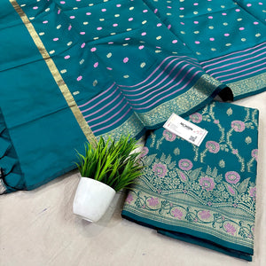 Teal Golden Zari Satin Silk Banarasi Suit