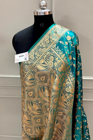 Teal Jangla Katan Silk Banarasi Saree