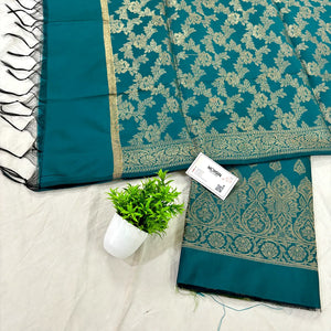 Teal Xmas Tree Satin Silk Banarasi Suit