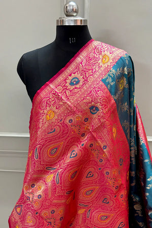 Teal and Pink Golden Zari Silky Banarasi Saree