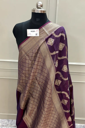 Wine Behti Ganga Chanderi Silk Banarasi Saree