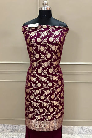 Wine Golden Zari Pure Georgette Silk Banarasi Suit