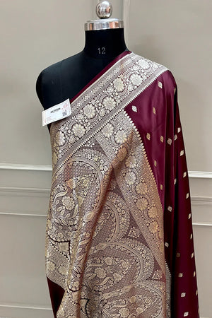 Wine Mario Patti Katan Silk Banarasi Saree