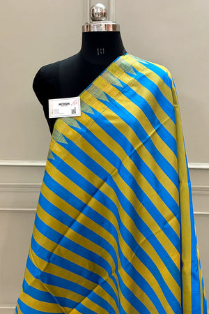 Yellow and Blue Stripe Plain Satin Silk Banarasi Saree