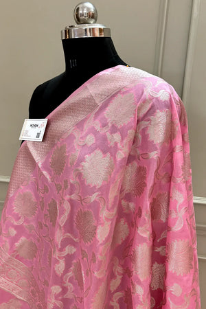 Baby Pink Golden Zari Katan Silk Banarasi Dupatta