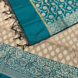 Beige and Teal Gulkan Buti Satin Silk Banarasi Suit