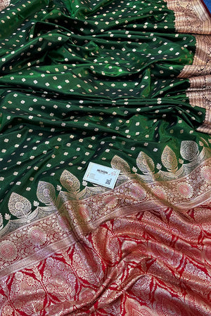 Bottle Green and Red Makkhi Buti Katan Silk Banarasi Saree