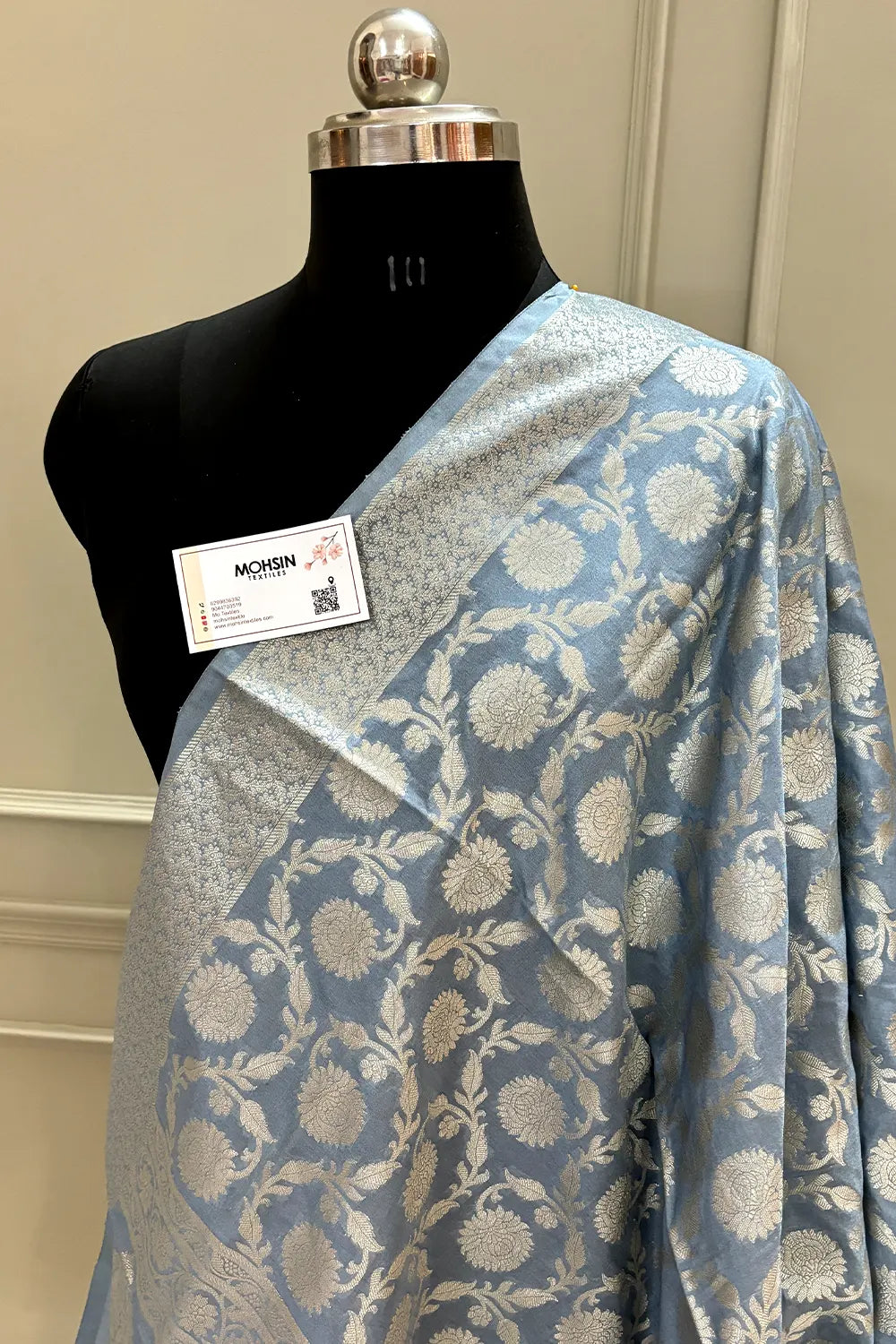 Grey Golden Zari Katan Silk Banarasi Dupatta