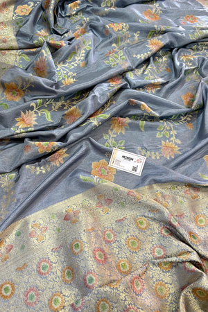 Grey Shakahari Jaal Georgette Silk Banarasi Saree