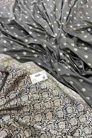 Grey and Black Ghonga Buti Katan Silk Banarasi Saree