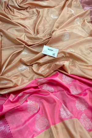Light Peach and Pink Golden Zari Banarasi Silk Saree