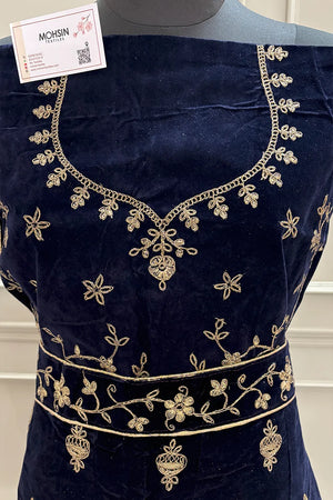 Navy Blue and Pink Zariwork Semi Stitched Velvet Lahenga